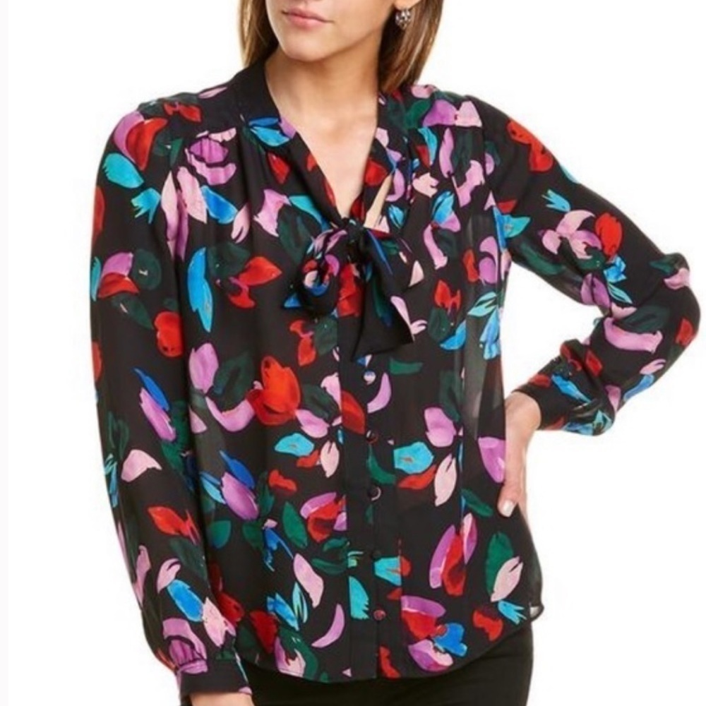 Parker women’s Rio Silk-Blend Floral Multicolored Blouse size s small neck bow